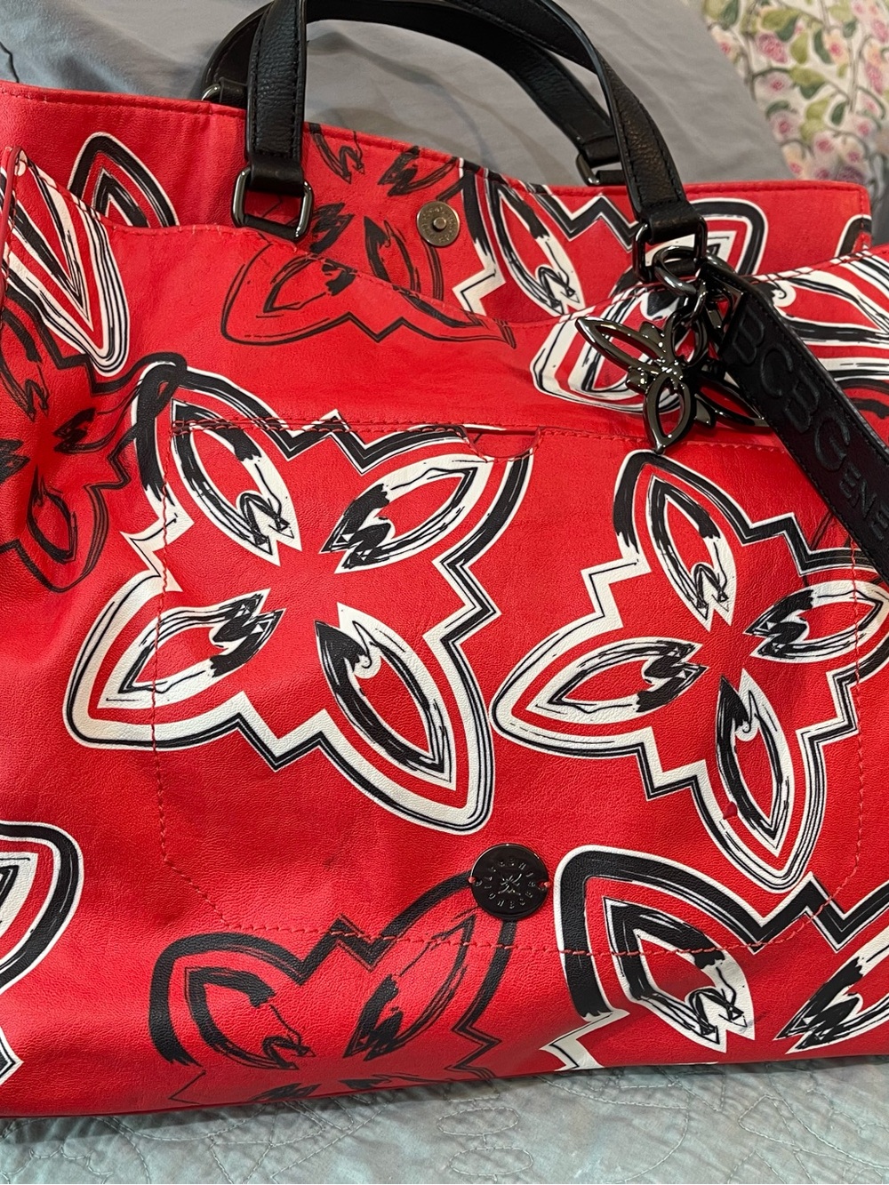 Bold Red Floral Tote with Black Trim by Coach